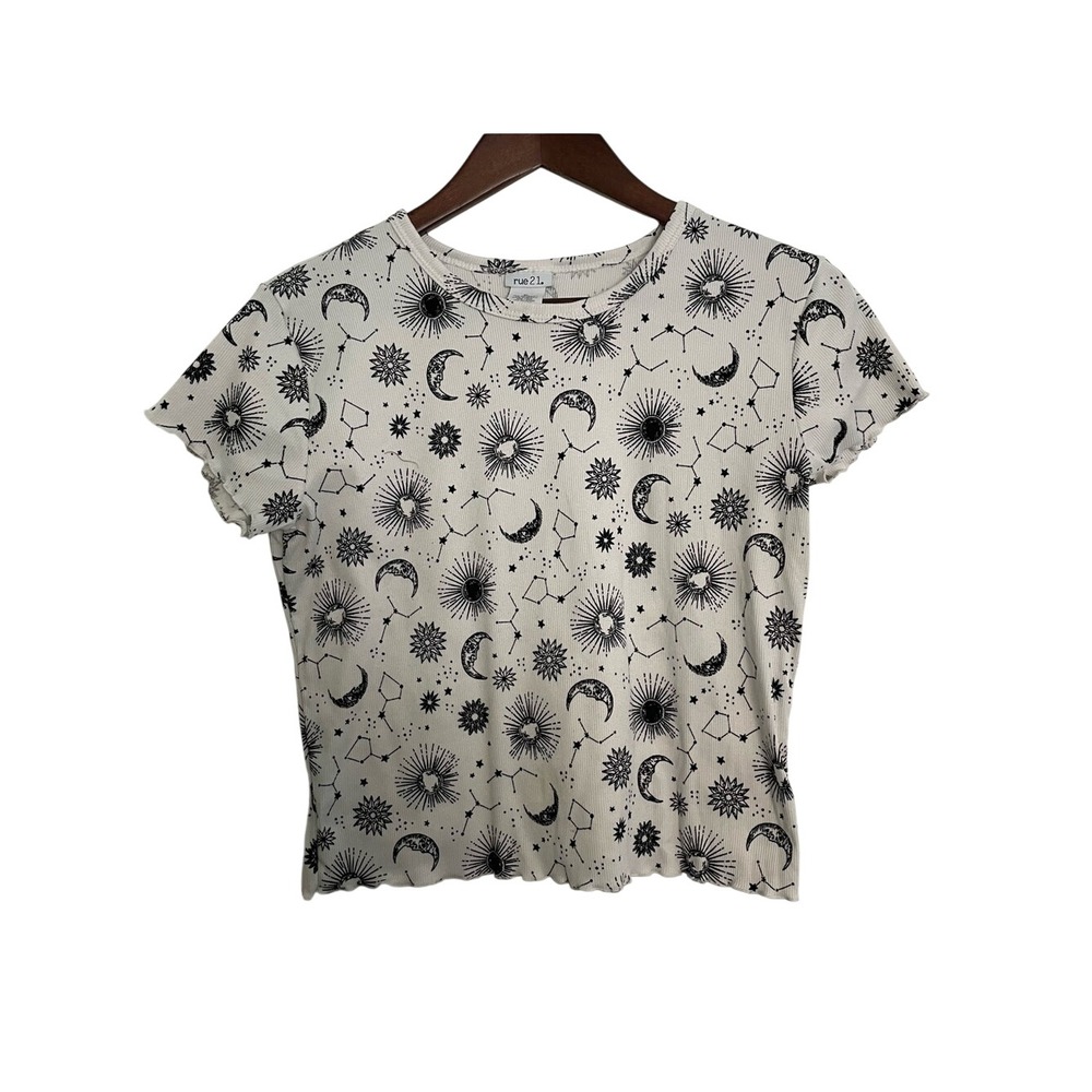 Celestial Sun Moon Stars Baby Tee XL Lettuce Hem Stretch Whimsygoth Y2K Witchy